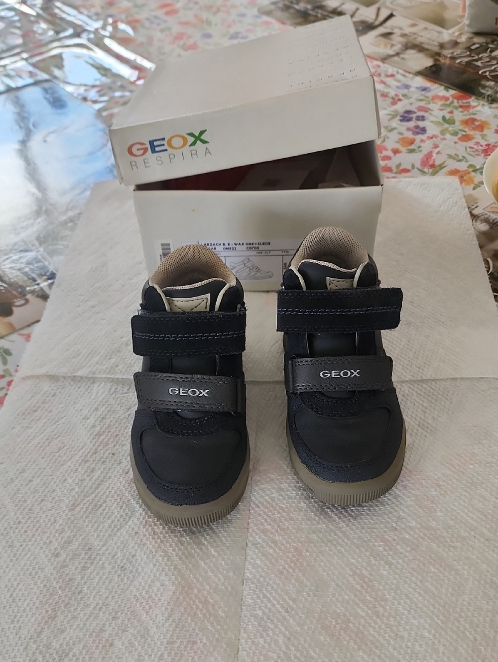 Geox Kids Navy and Tan Double Velcro Sneakers
